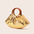 Pleated Dumpling Bag With Wooden Ring Handles - Gold