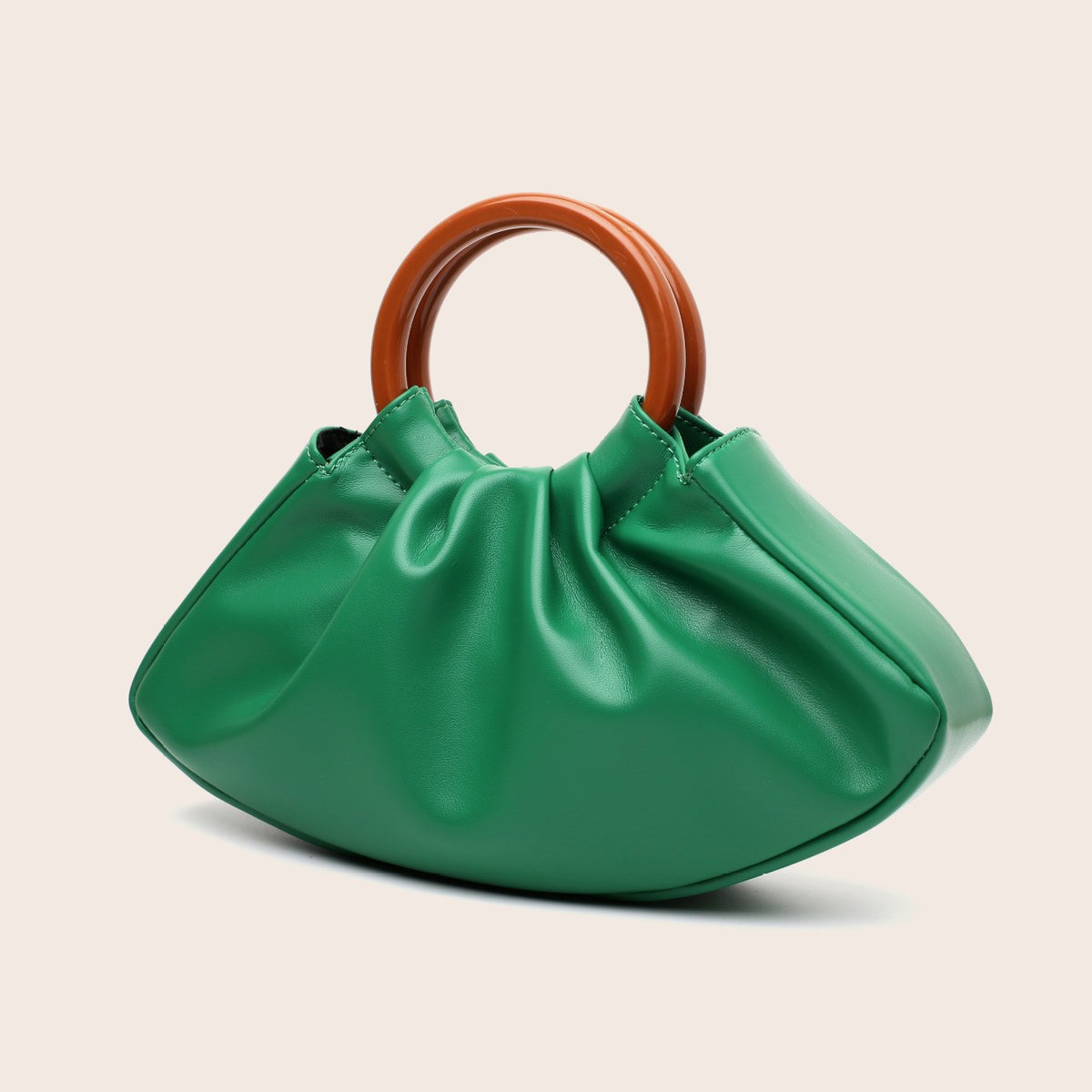 Pleated Dumpling Bag With Wooden Ring Handles - Green