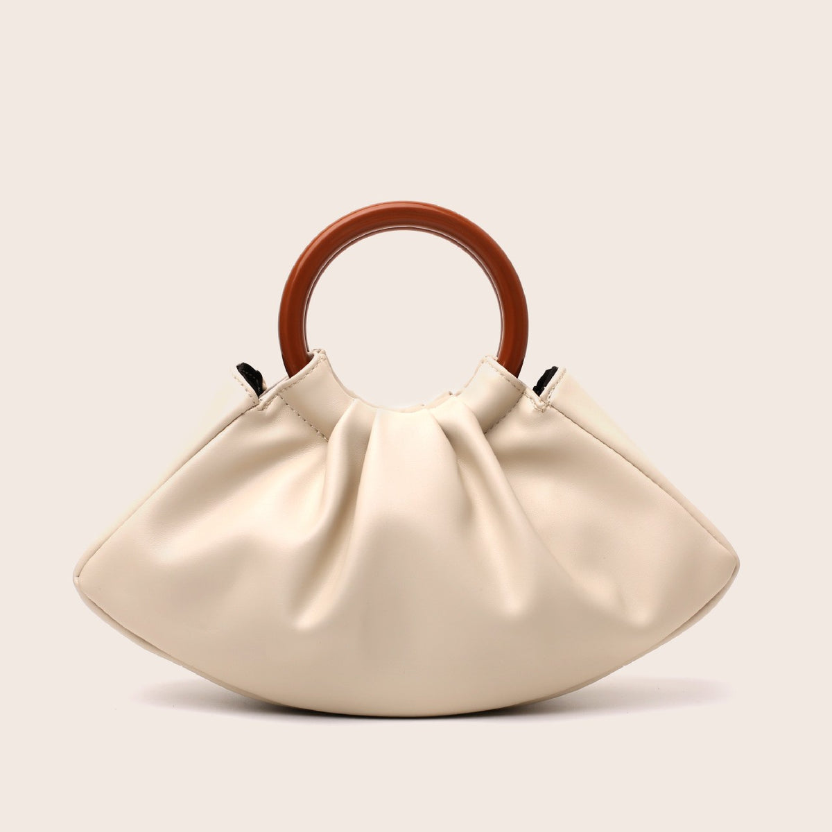 Pleated Dumpling Bag With Wooden Ring Handles - Off-White
