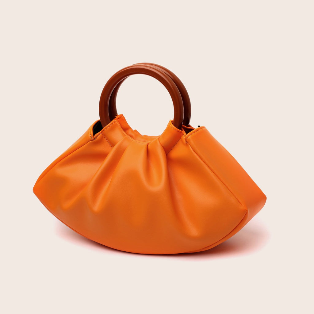 Pleated Dumpling Bag With Wooden Ring Handles - Orange