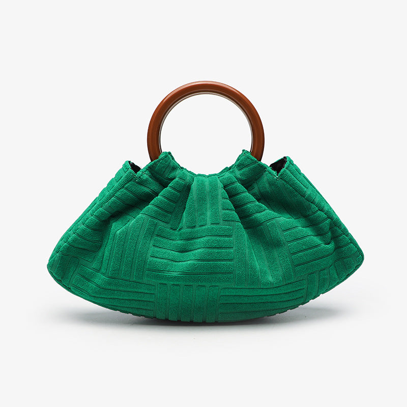 Pleated Dumpling Bag With Wooden Ring Handles - PlushGreen