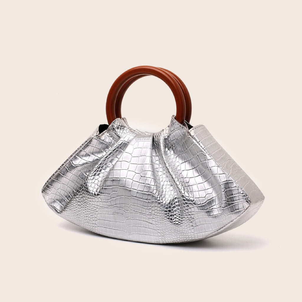 Pleated Dumpling Bag With Wooden Ring Handles - Silver