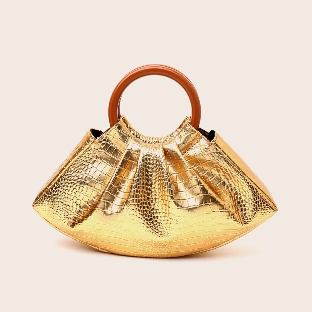 Pleated Dumpling Bag With Wooden Ring Handles