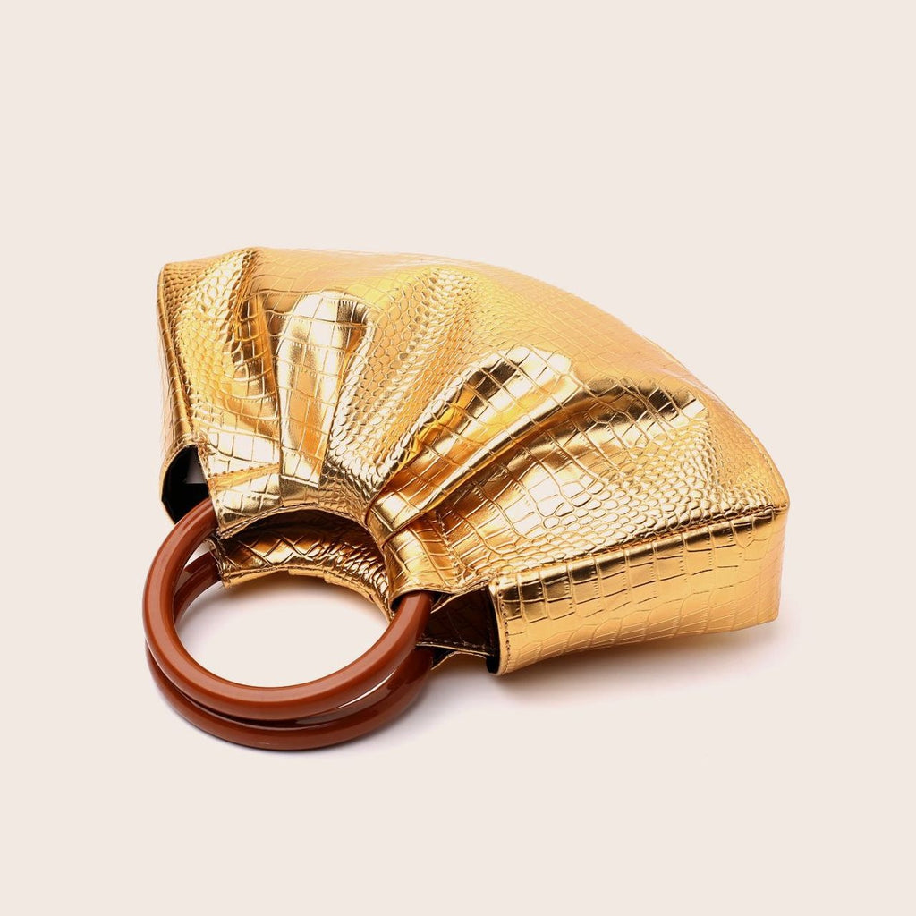 Pleated Dumpling Bag With Wooden Ring Handles - view 2