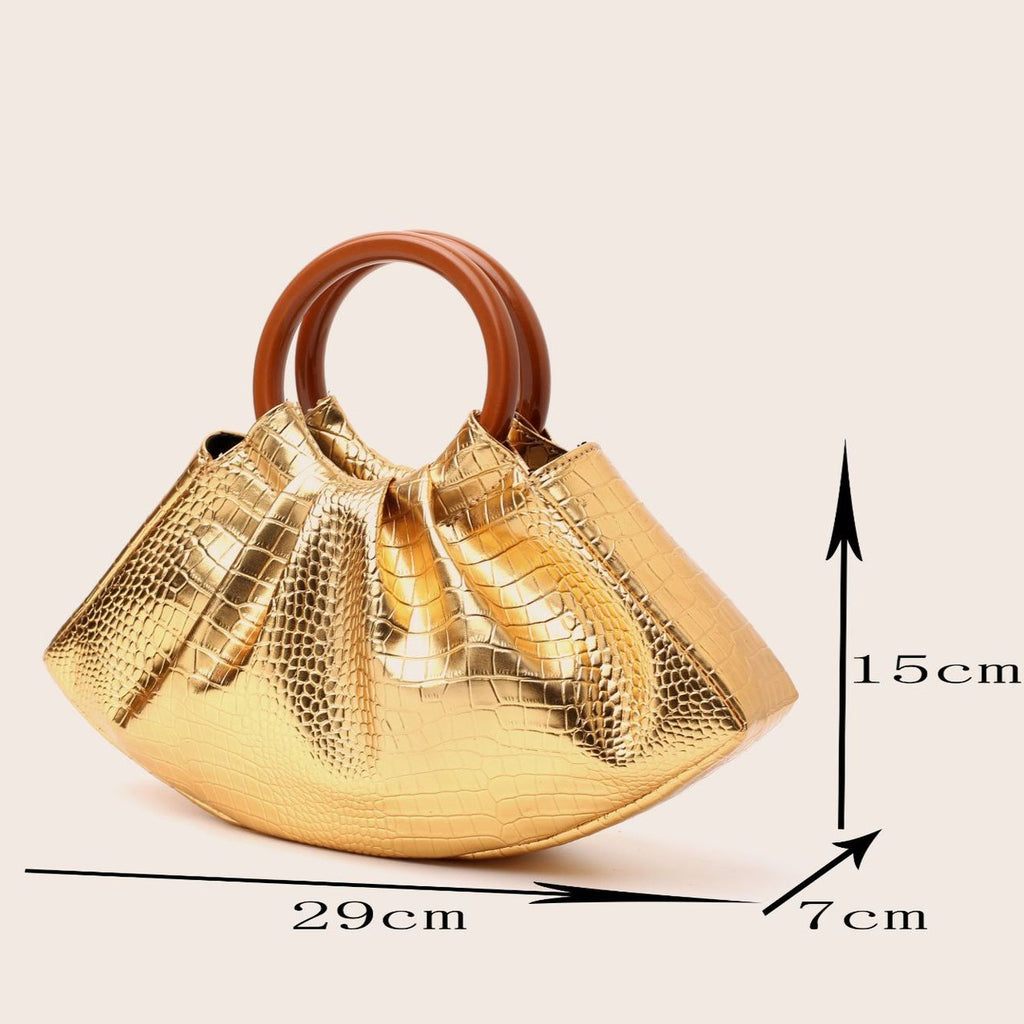 Pleated Dumpling Bag With Wooden Ring Handles - view 4