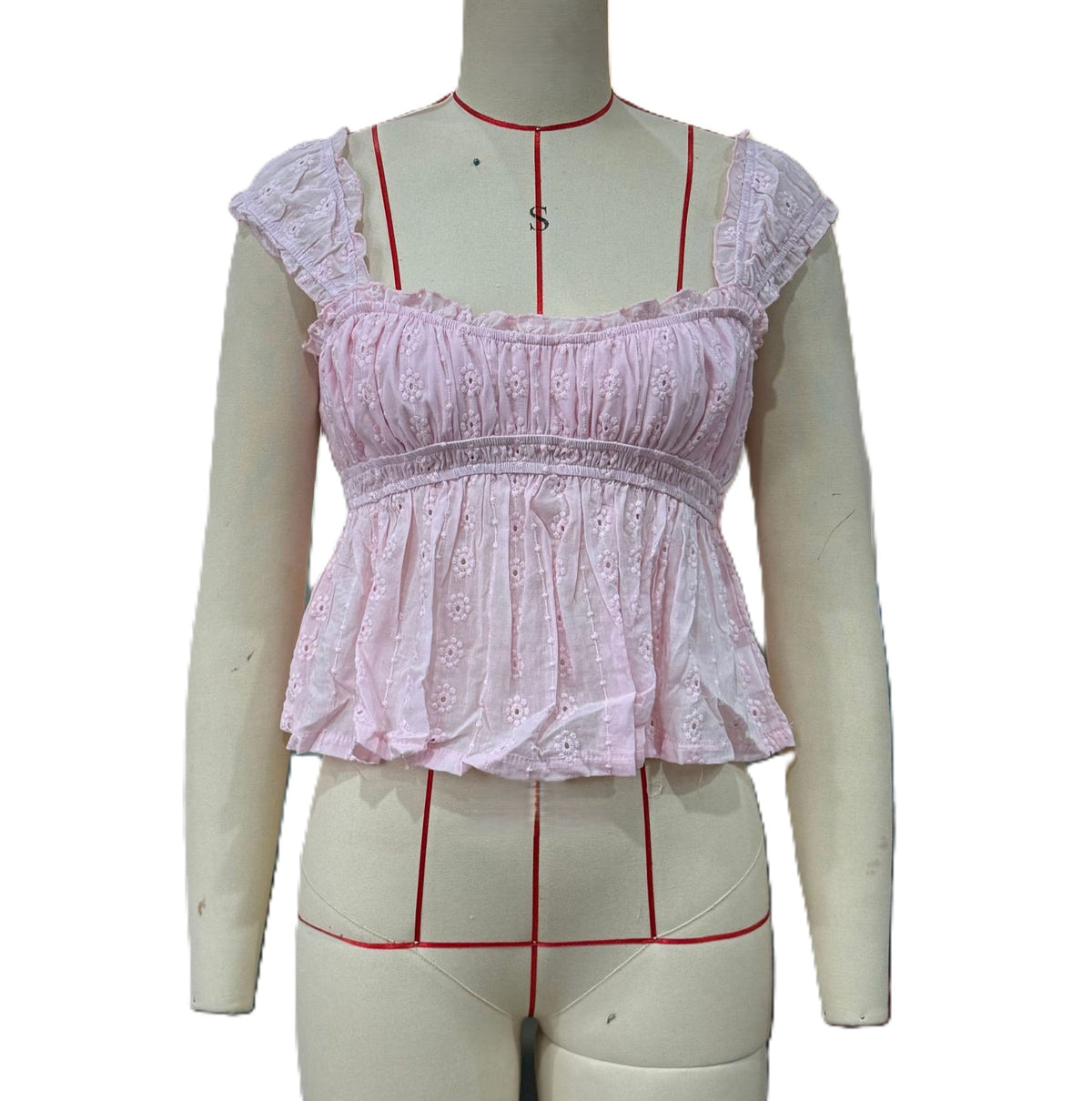 Eyelet Lace Square Neck Peplum Tank Top - Pink