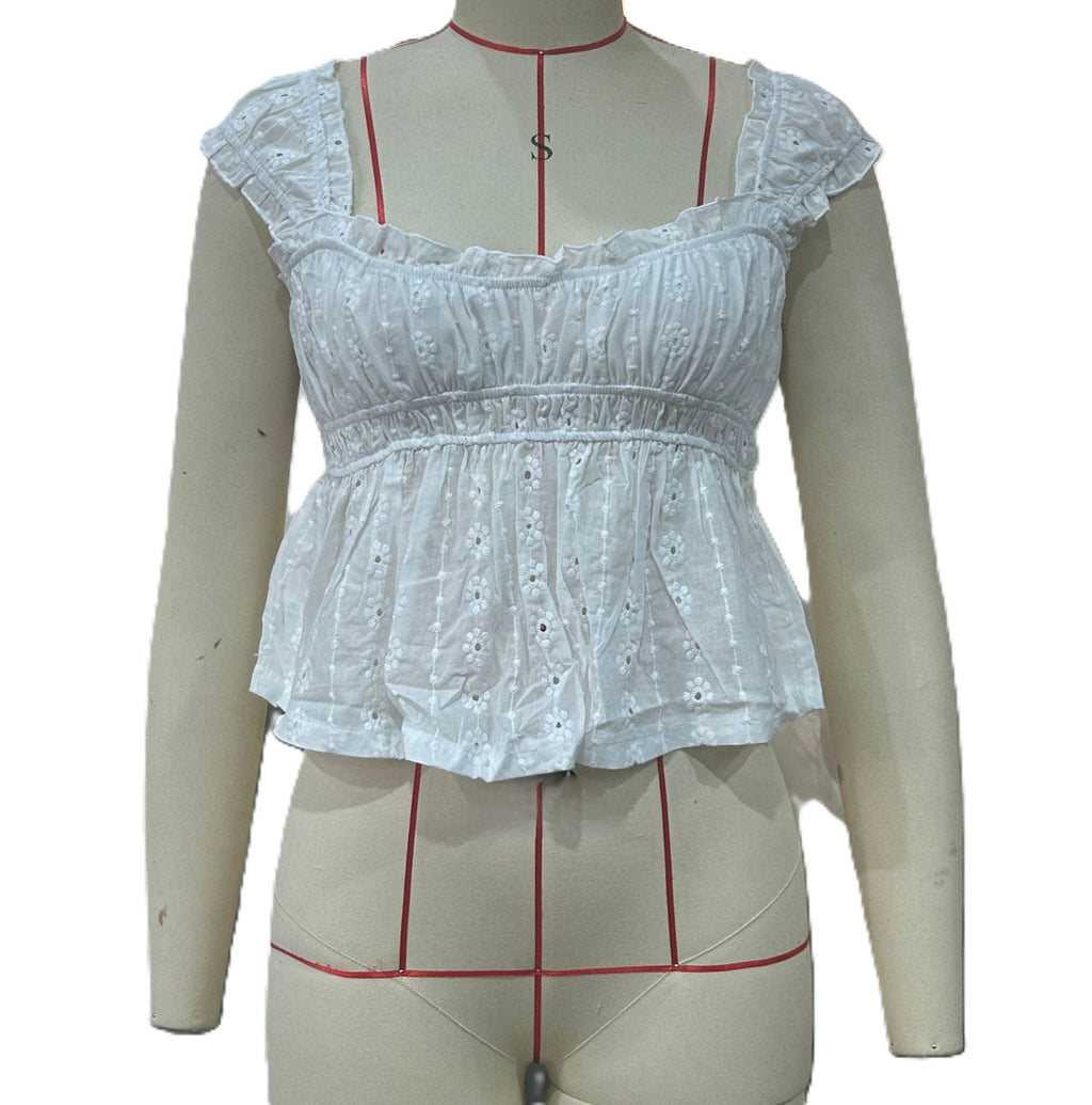 Eyelet Lace Square Neck Peplum Tank Top - White