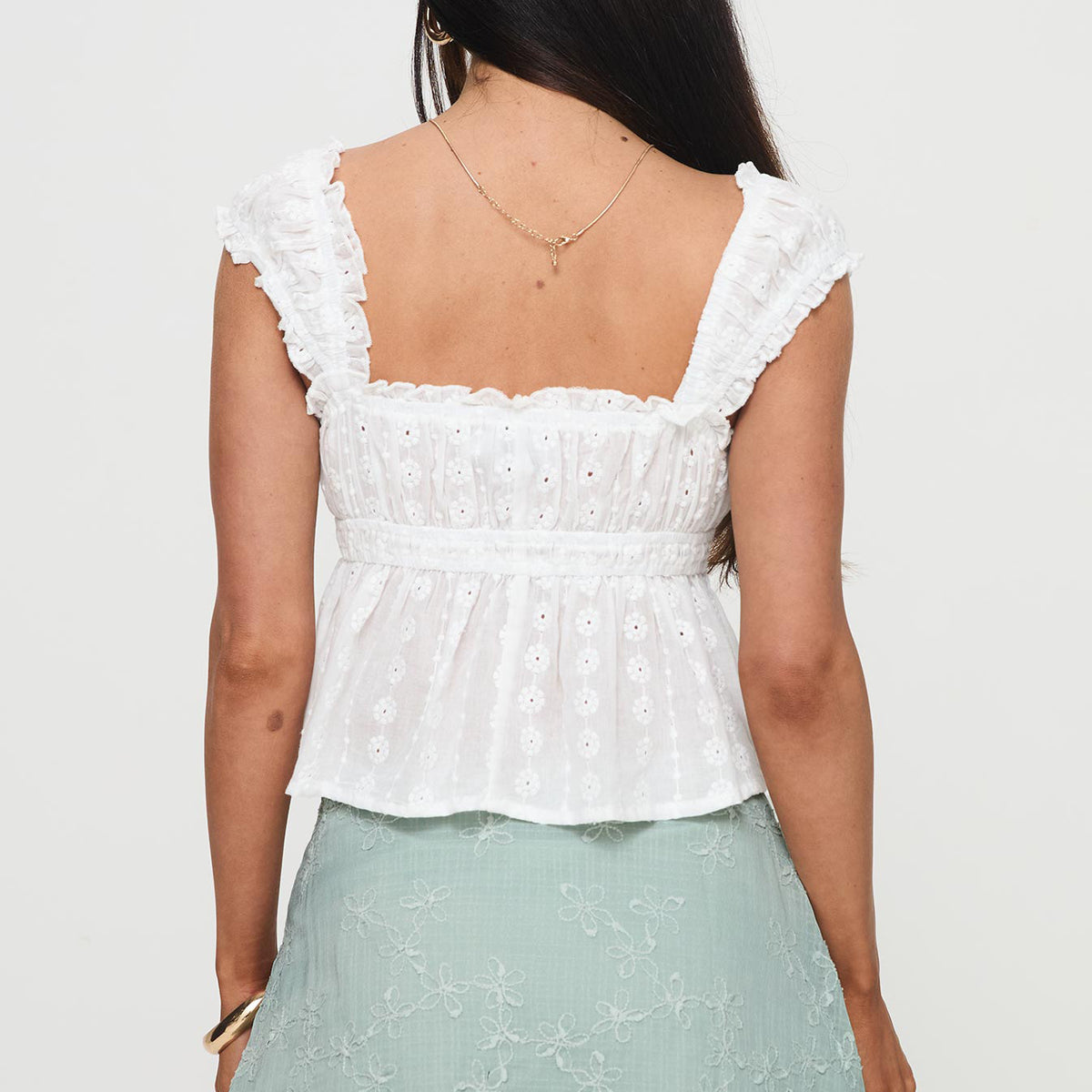 Eyelet Lace Square Neck Peplum Tank Top - White - 1