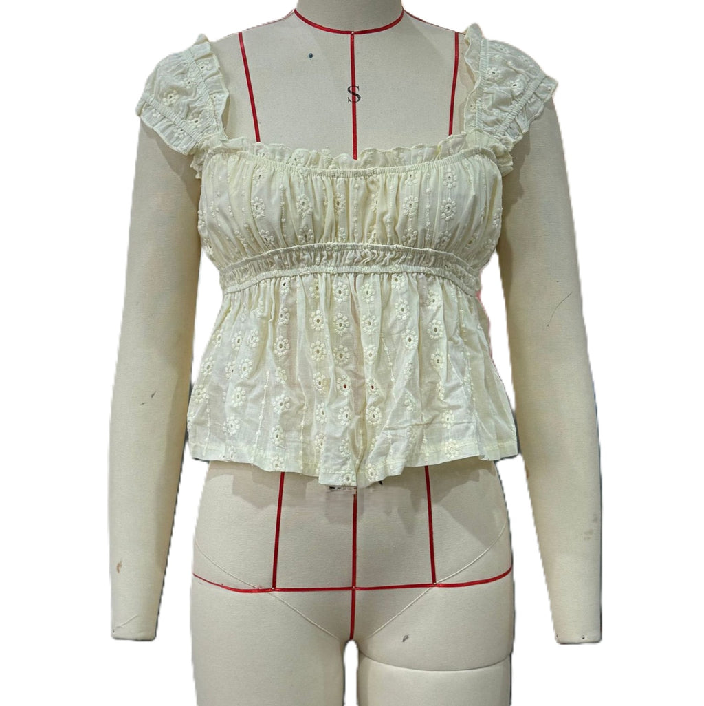 Eyelet Lace Square Neck Peplum Tank Top - Yellow