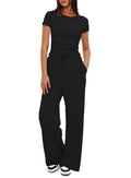 Ruched Tee and Wide Leg Drawstring Yoga Pants Set - Black
