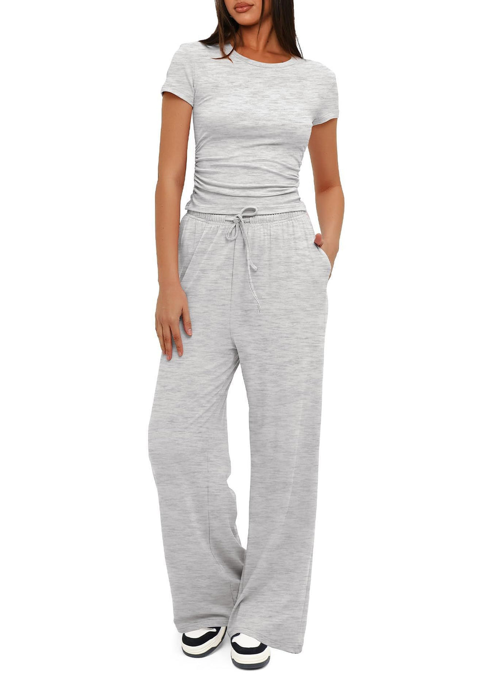 Ruched Tee and Wide Leg Drawstring Yoga Pants Set - Heather Gray