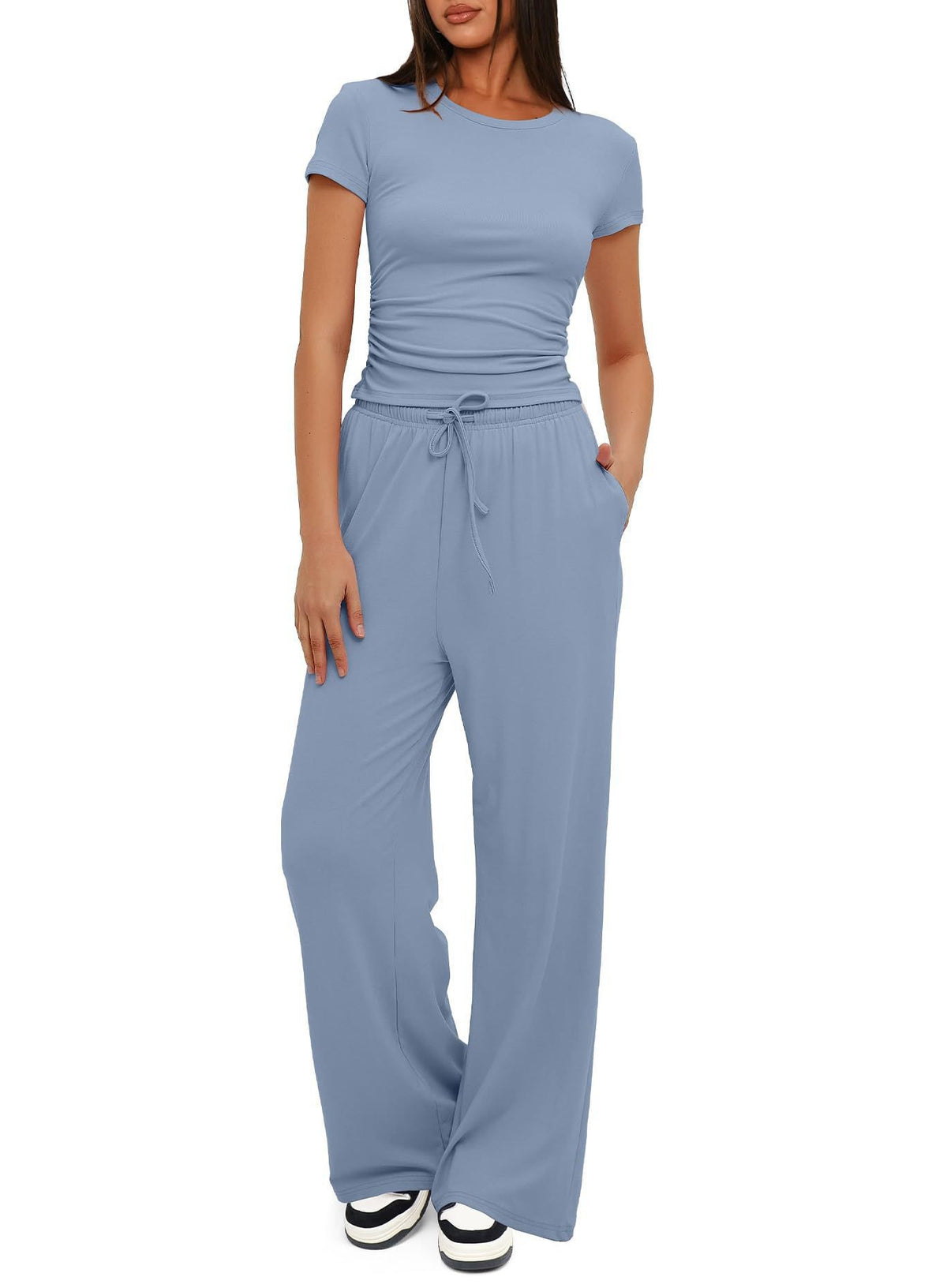 Ruched Tee and Wide Leg Drawstring Yoga Pants Set