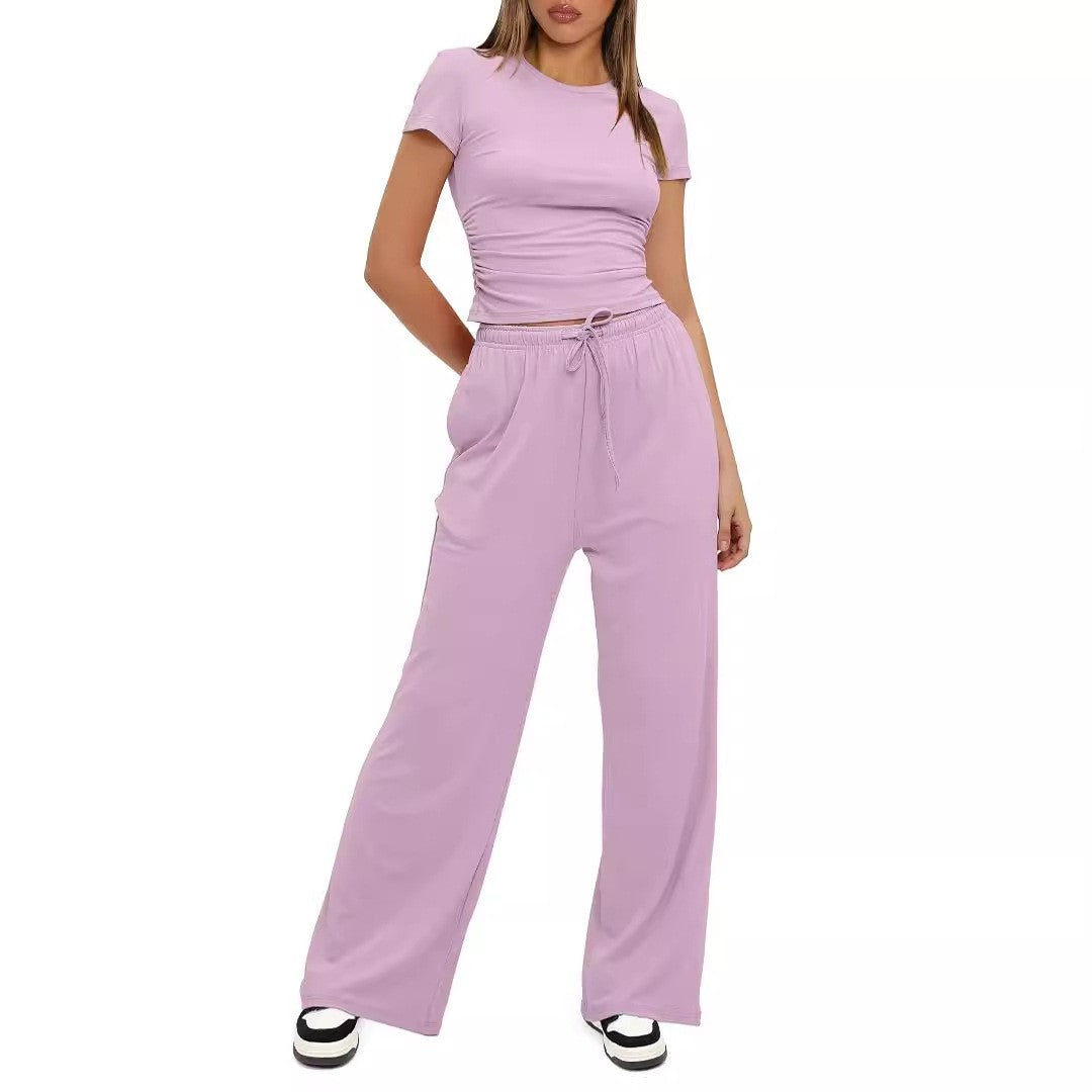 Ruched Tee and Wide Leg Drawstring Yoga Pants Set