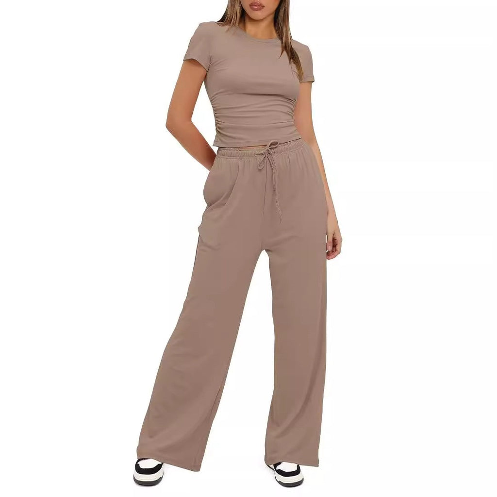 Ruched Tee and Wide Leg Drawstring Yoga Pants Set