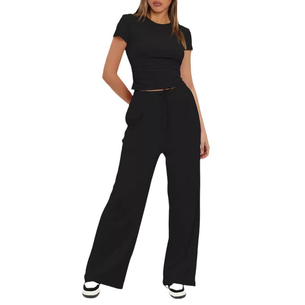 Ruched Tee and Wide Leg Drawstring Yoga Pants Set