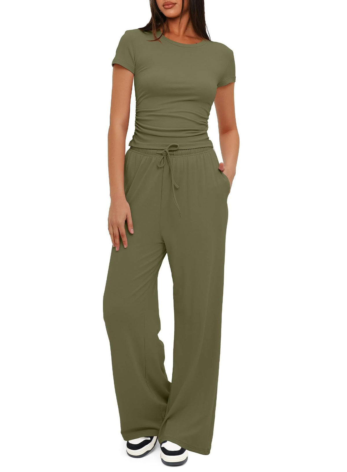 Ruched Tee and Wide Leg Drawstring Yoga Pants Set