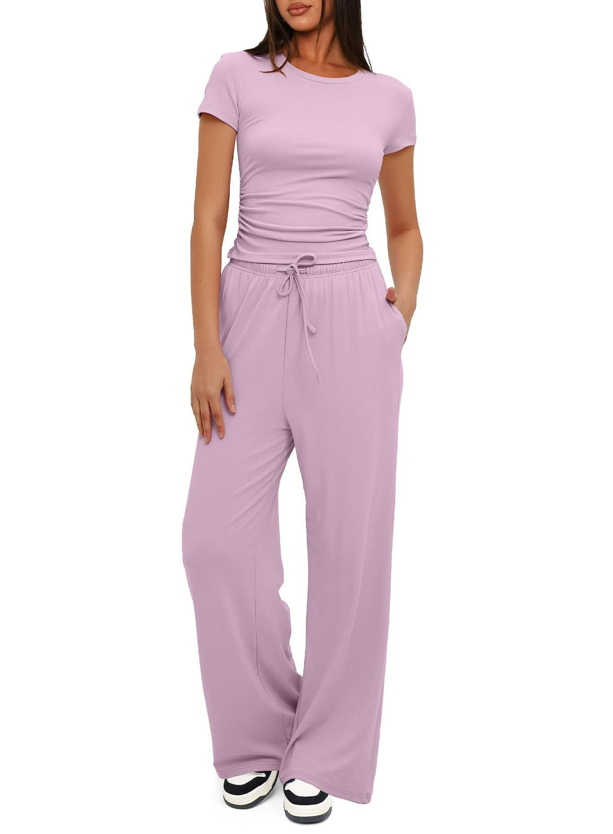Ruched Tee and Wide Leg Drawstring Yoga Pants Set