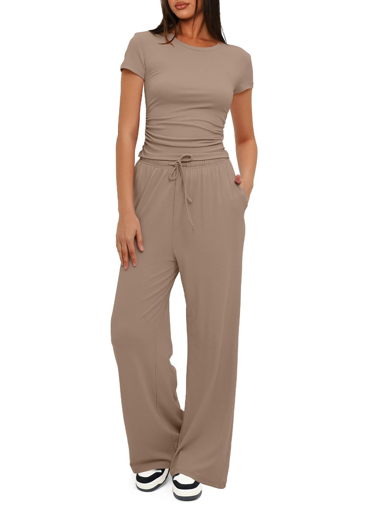 Ruched Tee and Wide Leg Drawstring Yoga Pants Set