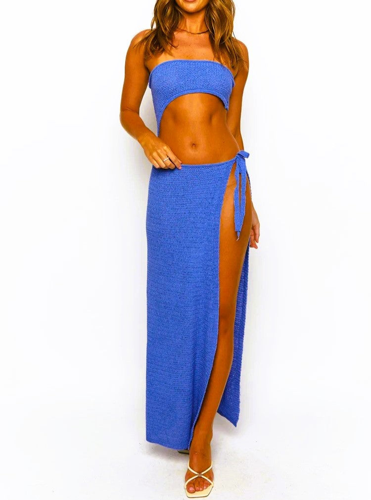 Bandeau Top High Slit Maxi Dress - Blue - 2