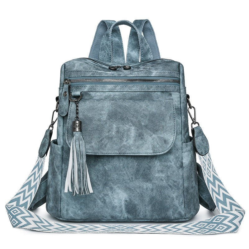 Distressed Tassel Backpack with Guitar Strap - Denim Blue