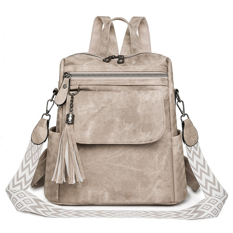 Distressed Tassel Backpack with Guitar Strap - Khaki