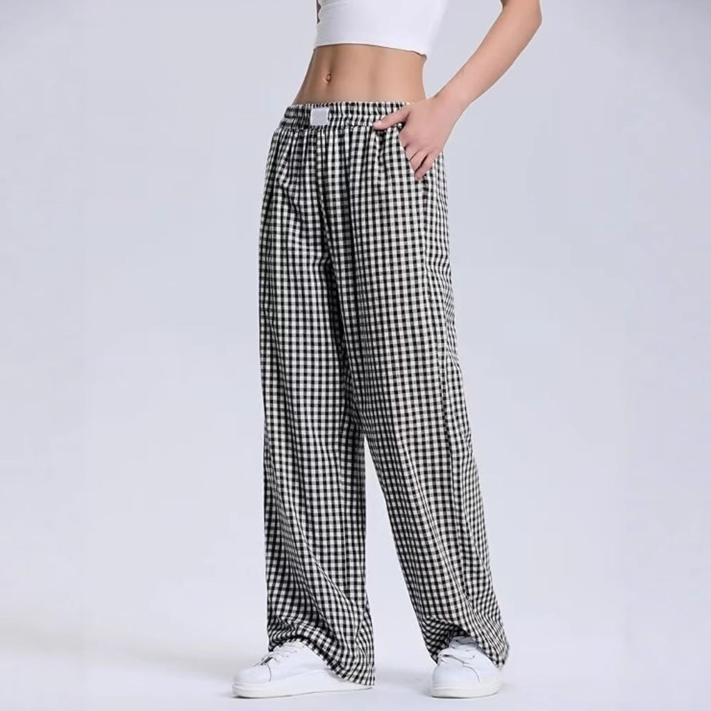 Gingham Check Wide Leg Elastic Waist Pants - Black