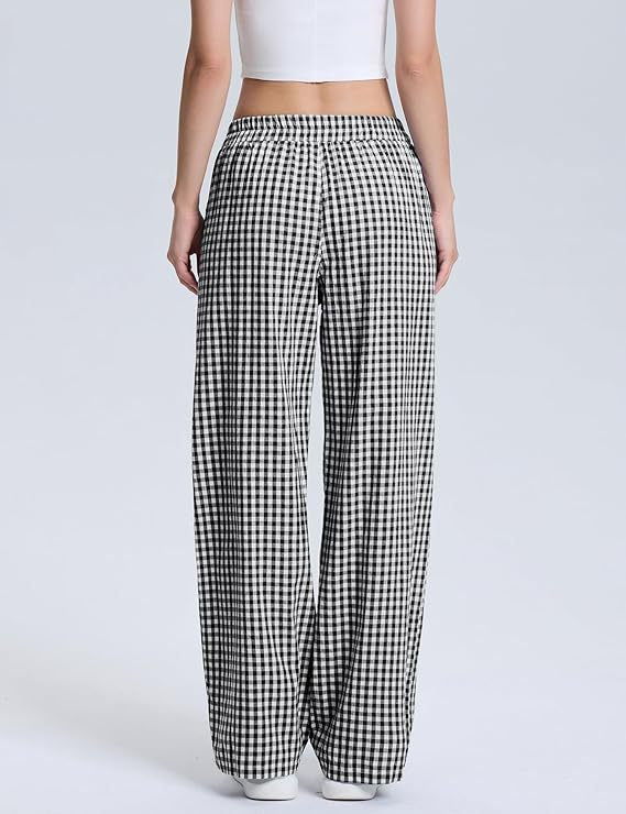 Gingham Check Wide Leg Elastic Waist Pants - Black - 1