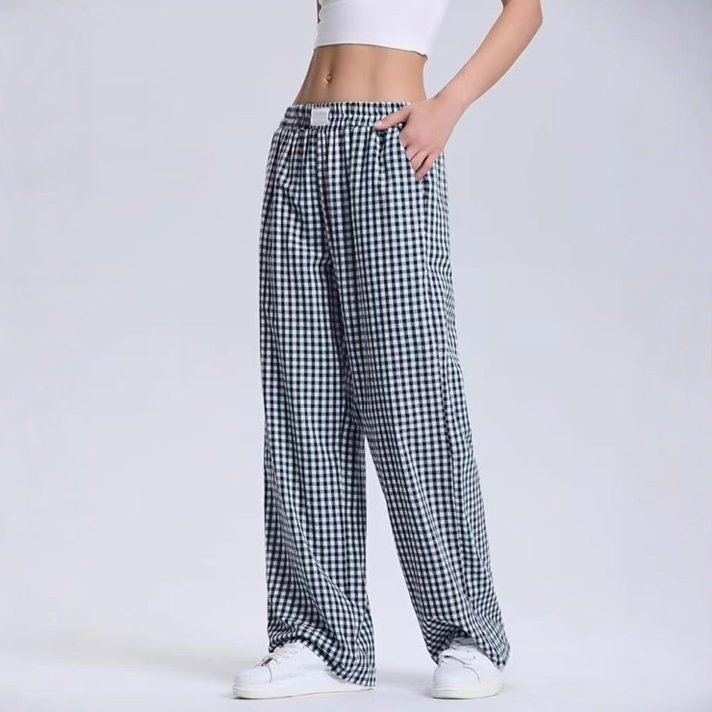 Gingham Check Wide Leg Elastic Waist Pants - Blue