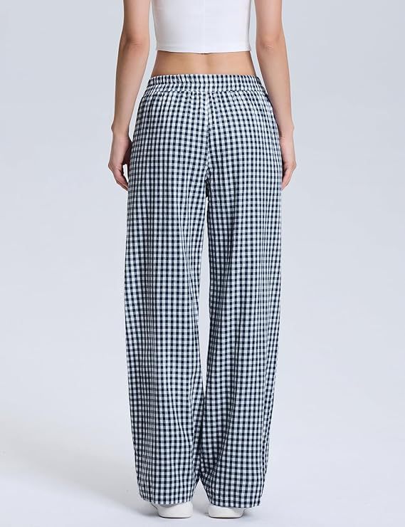 Gingham Check Wide Leg Elastic Waist Pants - Blue - 1