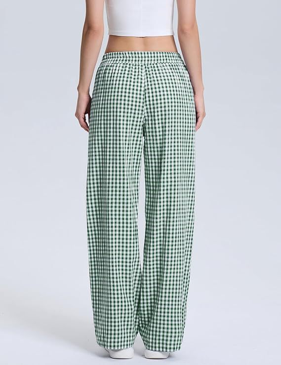 Gingham Check Wide Leg Elastic Waist Pants - Green - 1