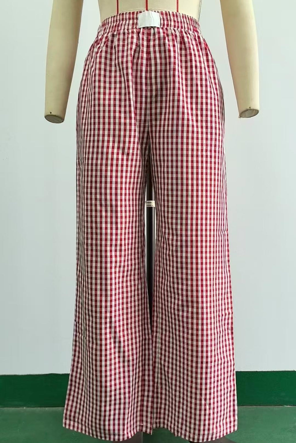 Gingham Check Wide Leg Elastic Waist Pants - Red