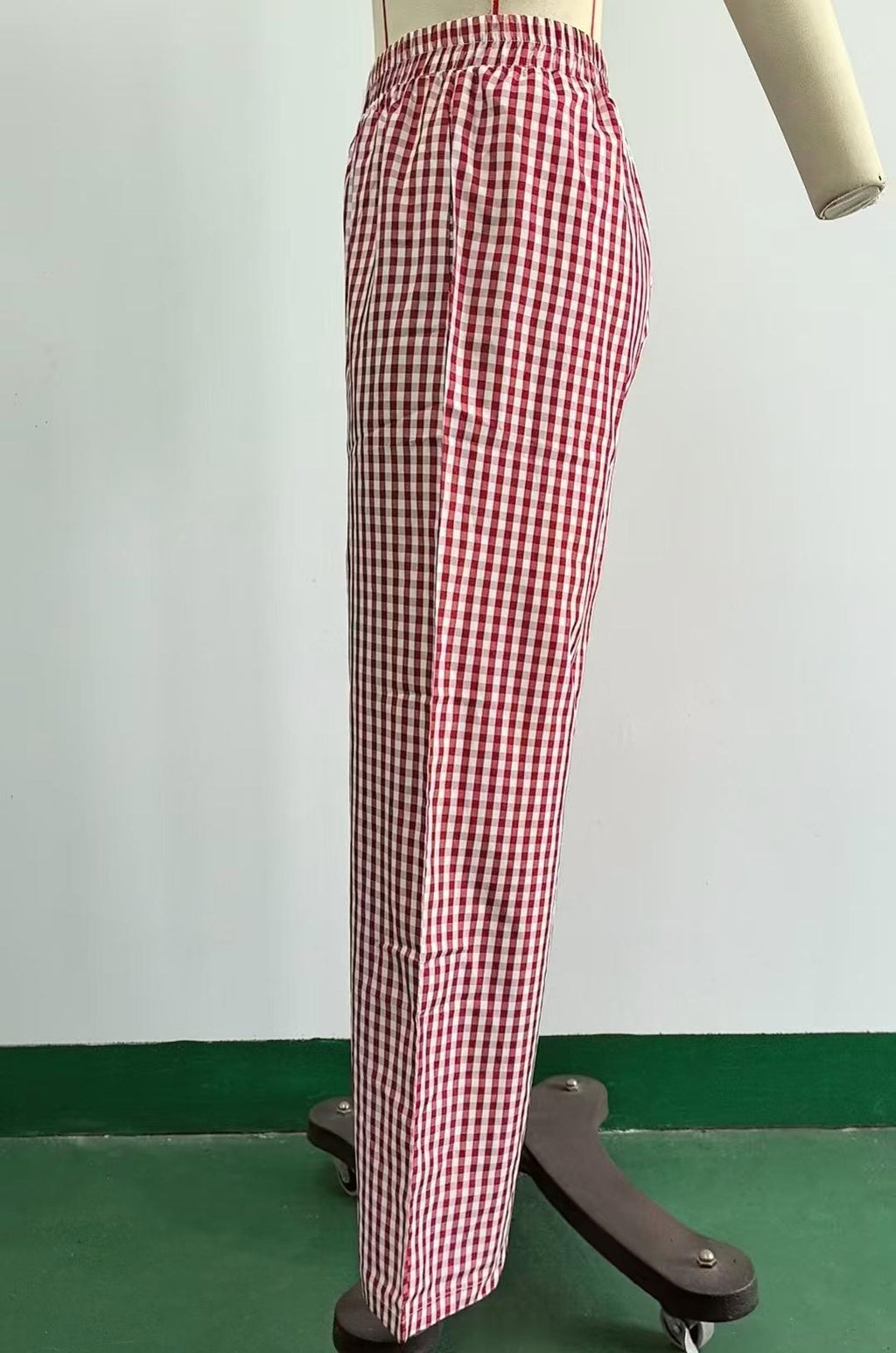 Gingham Check Wide Leg Elastic Waist Pants - Red - 1