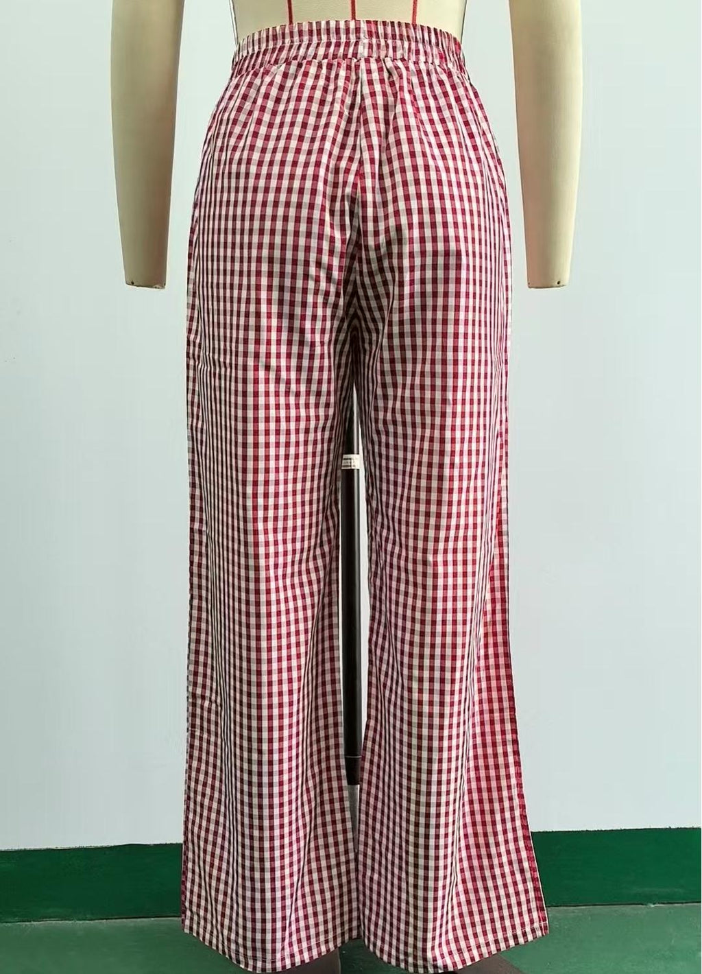 Gingham Check Wide Leg Elastic Waist Pants - Red - 2