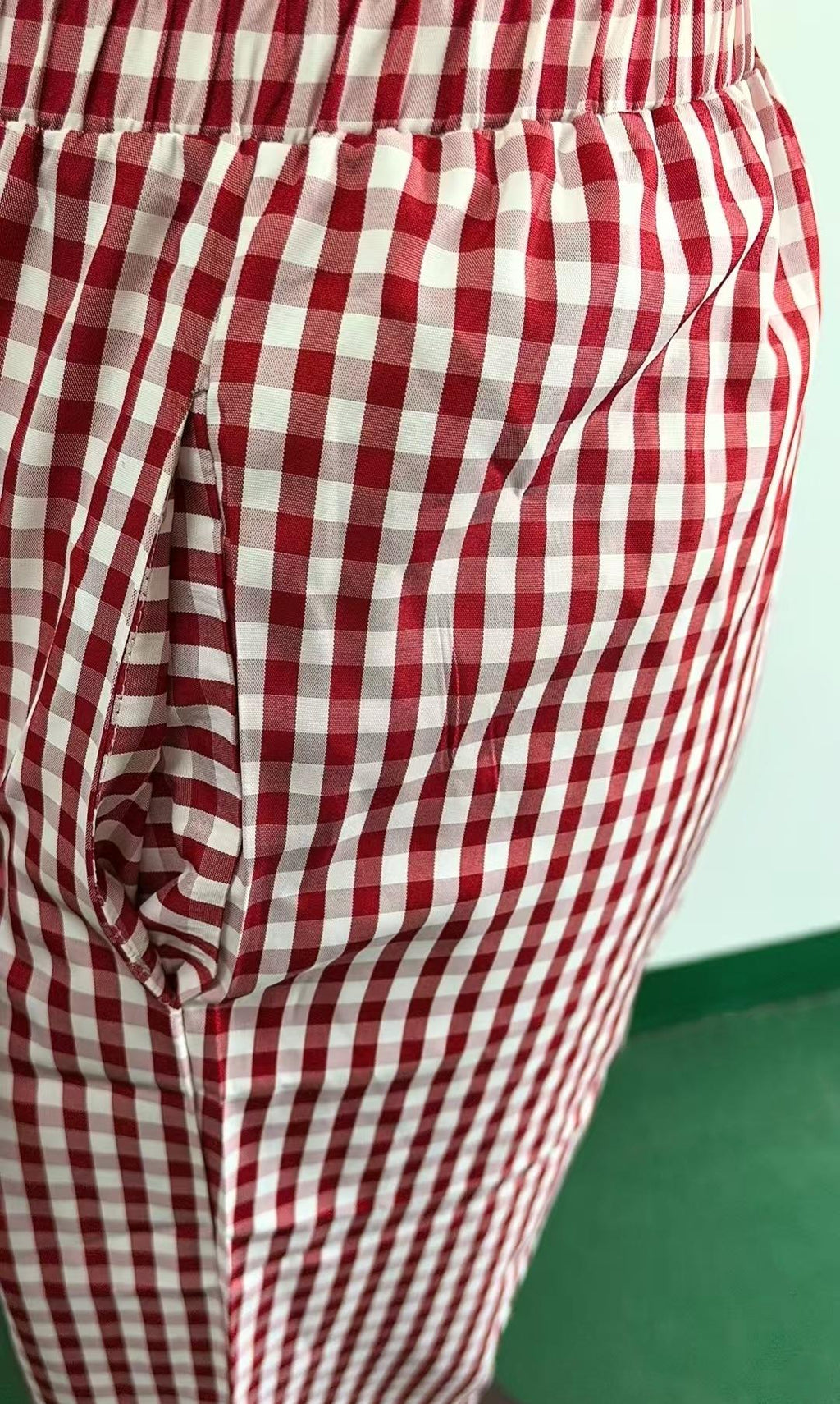 Gingham Check Wide Leg Elastic Waist Pants - Red - 3