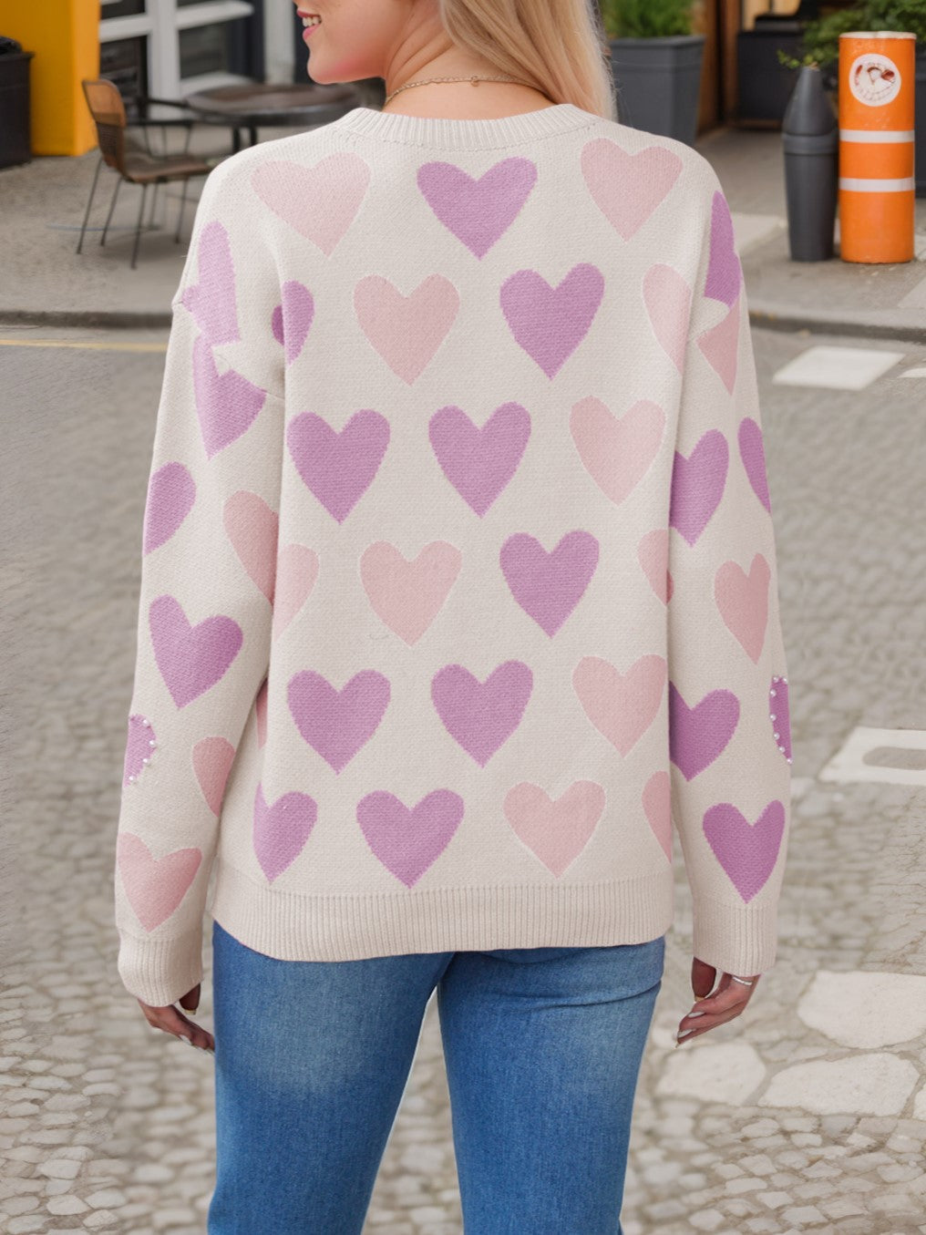 Allover Beaded Heart Jacquard Pullover Sweater - Apricot - 1