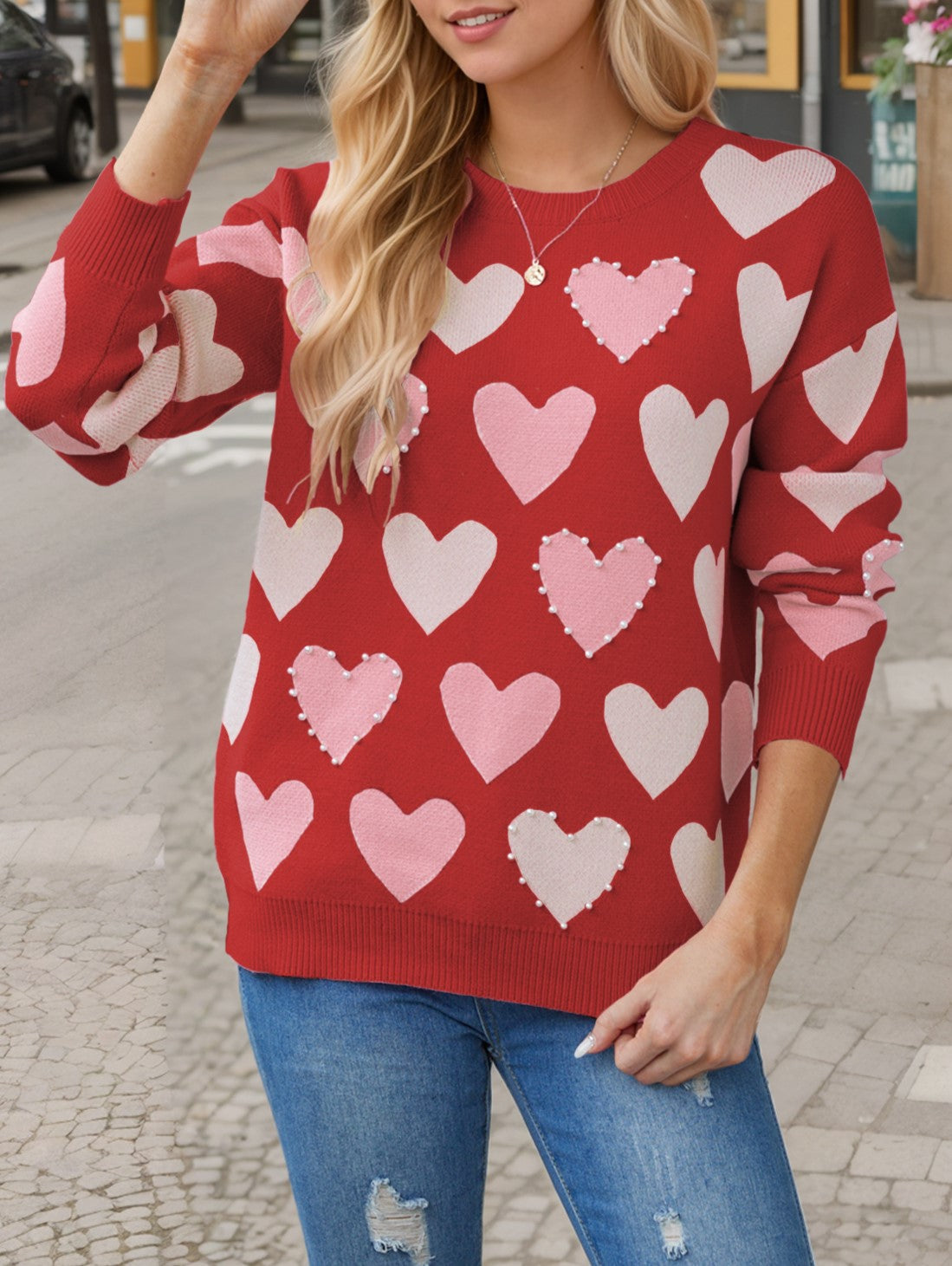 Allover Beaded Heart Jacquard Pullover Sweater - Red - 1