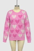 Allover Beaded Heart Jacquard Pullover Sweater - Rosered
