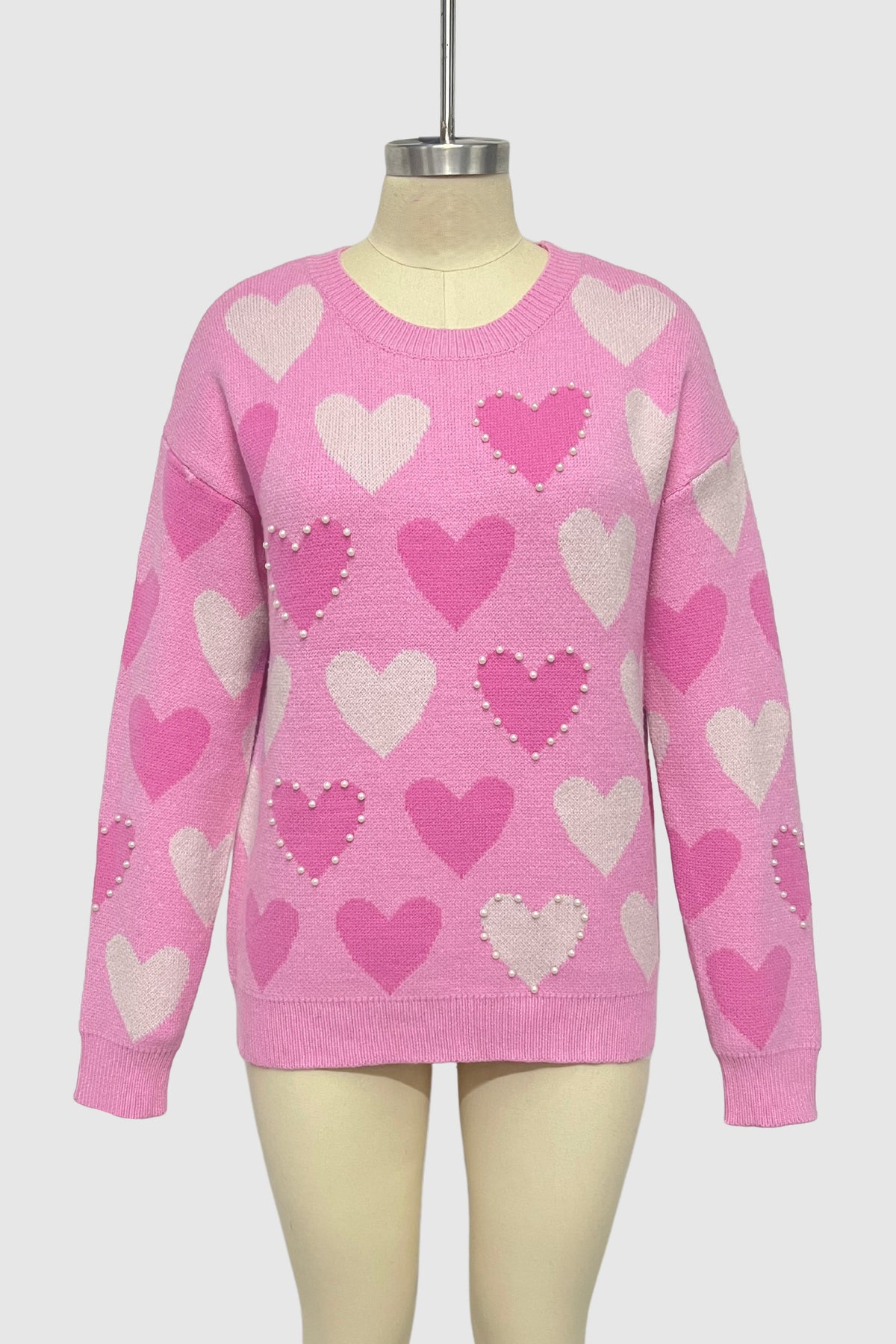 Allover Beaded Heart Jacquard Pullover Sweater - Rosered
