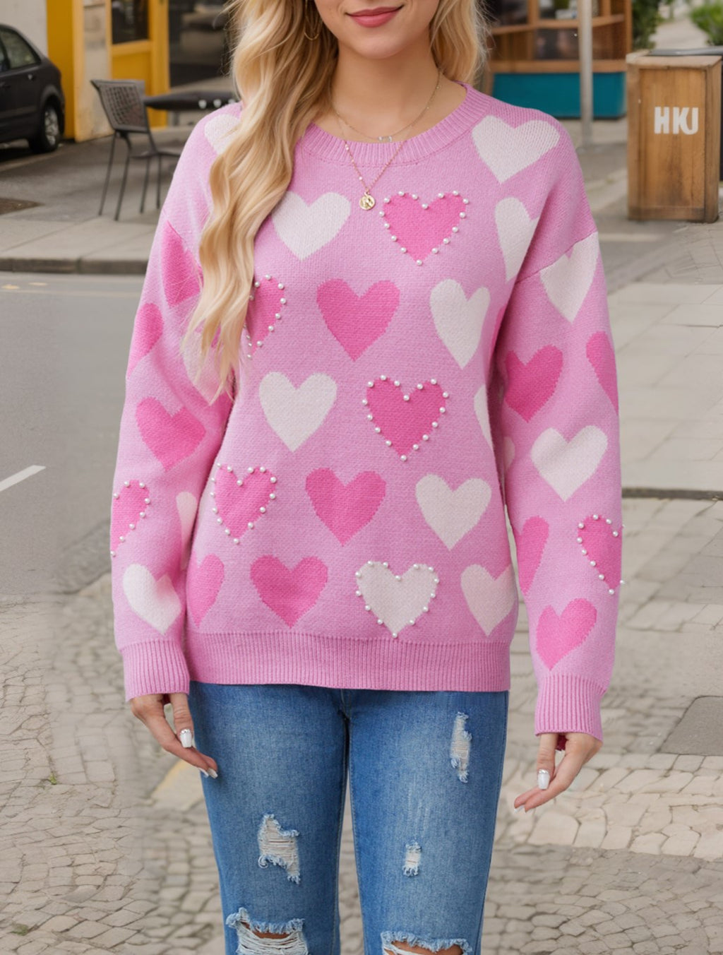 Allover Beaded Heart Jacquard Pullover Sweater - Rosered - 1