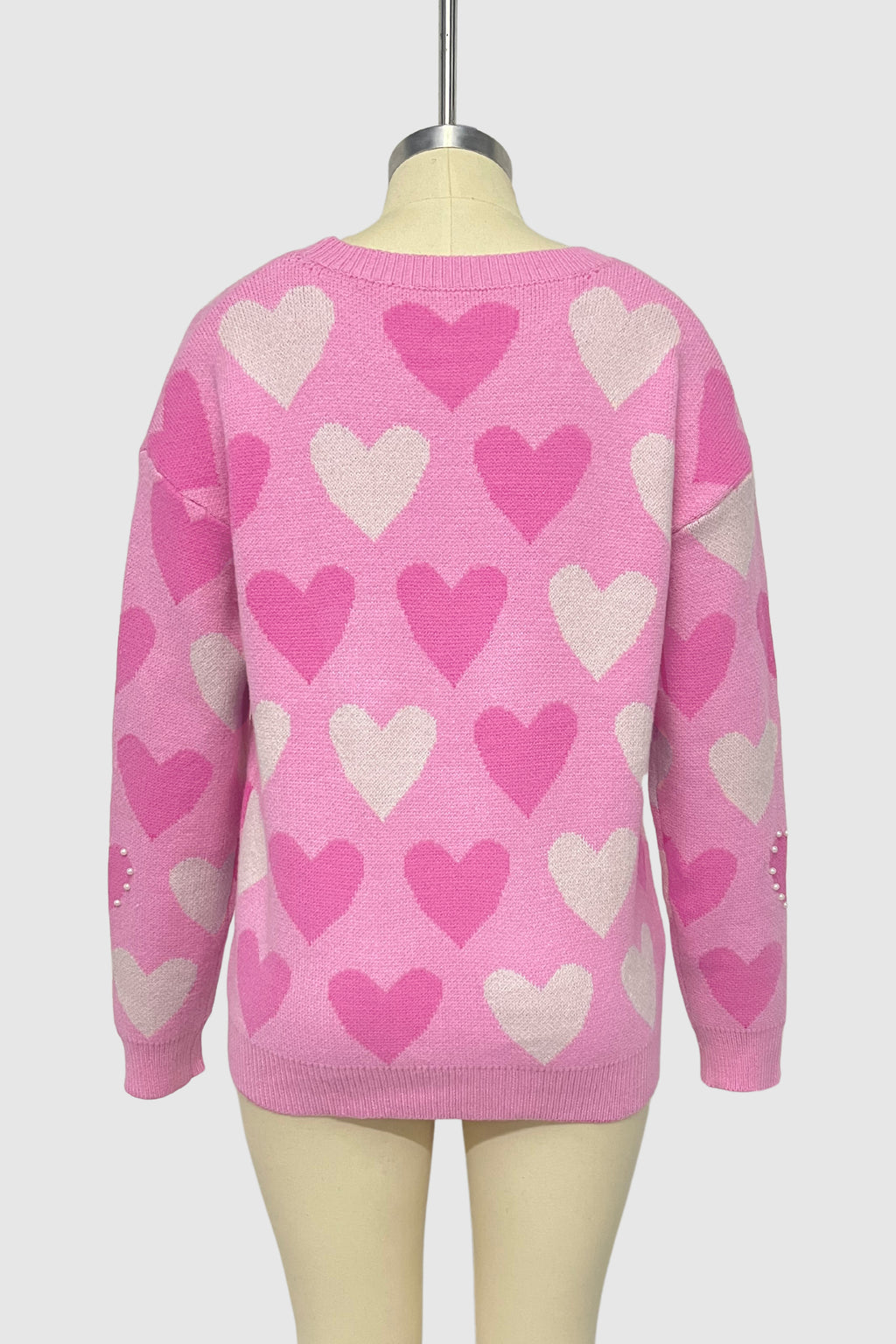 Allover Beaded Heart Jacquard Pullover Sweater - Rosered - 2