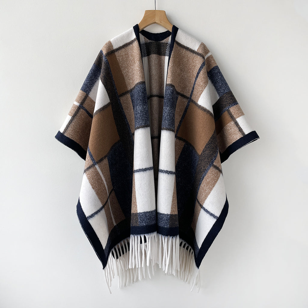 Oversized Plaid Blanket Scarf with Fringe Hem - Coffee