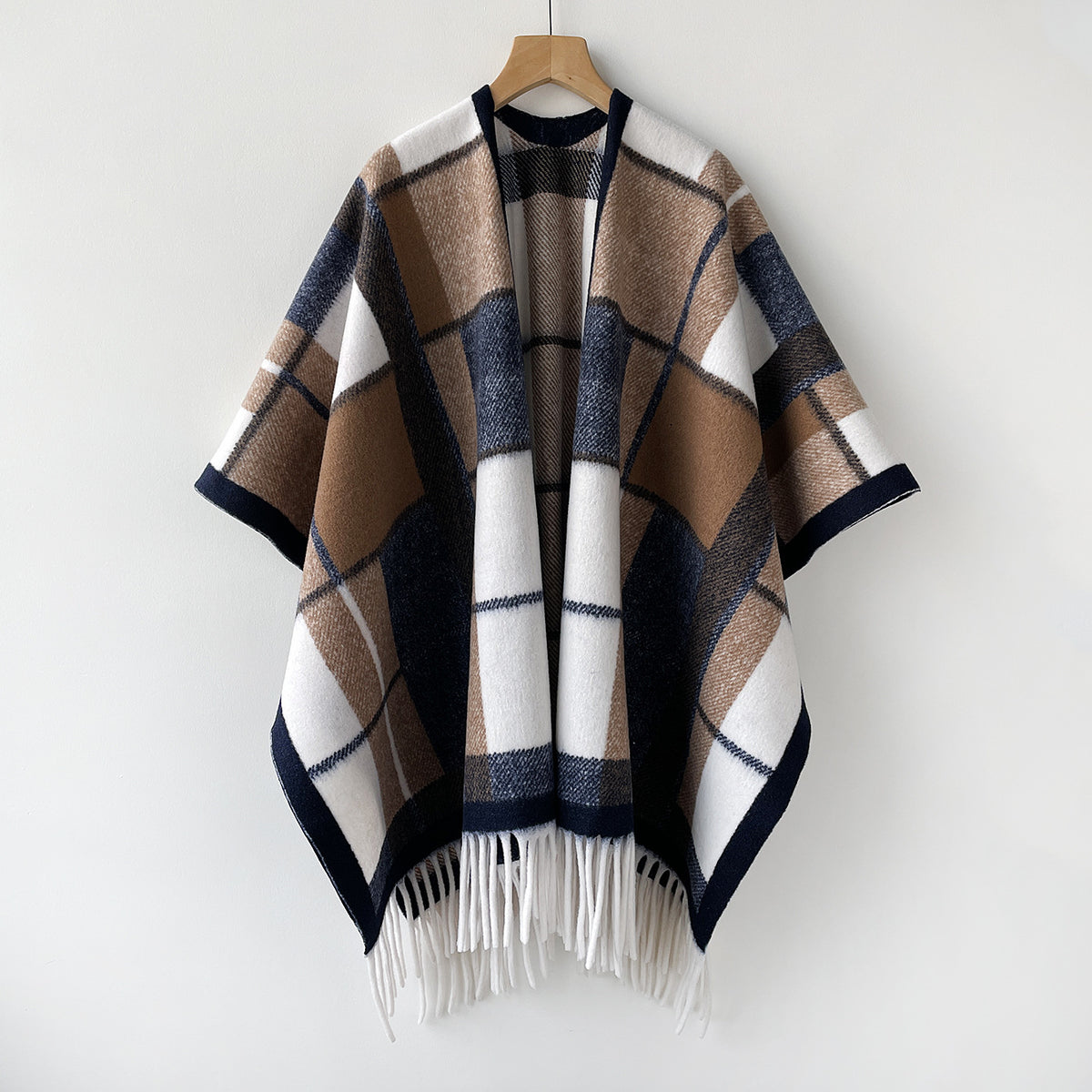 Oversized Plaid Blanket Scarf with Fringe Hem - Coffee