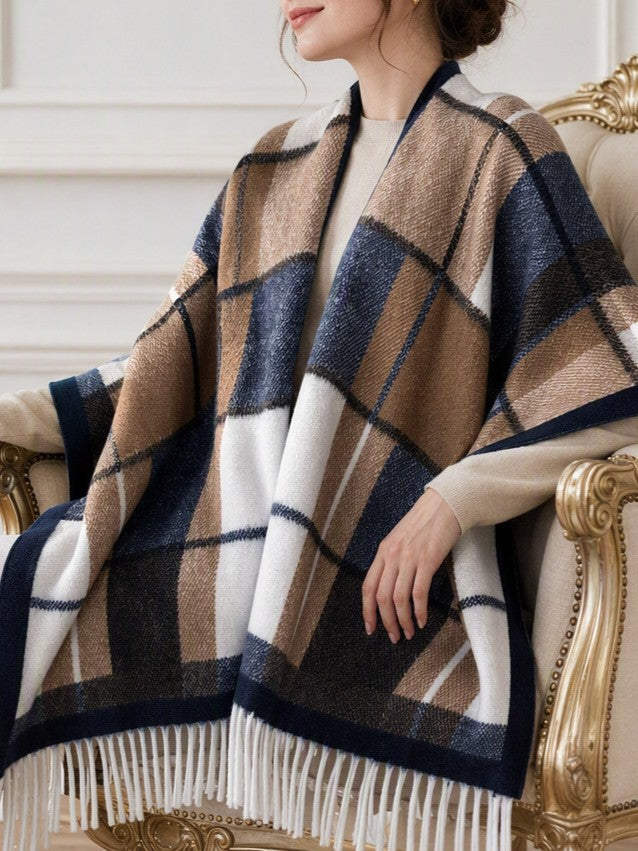 Oversized Plaid Blanket Scarf with Fringe Hem - Coffee - 1