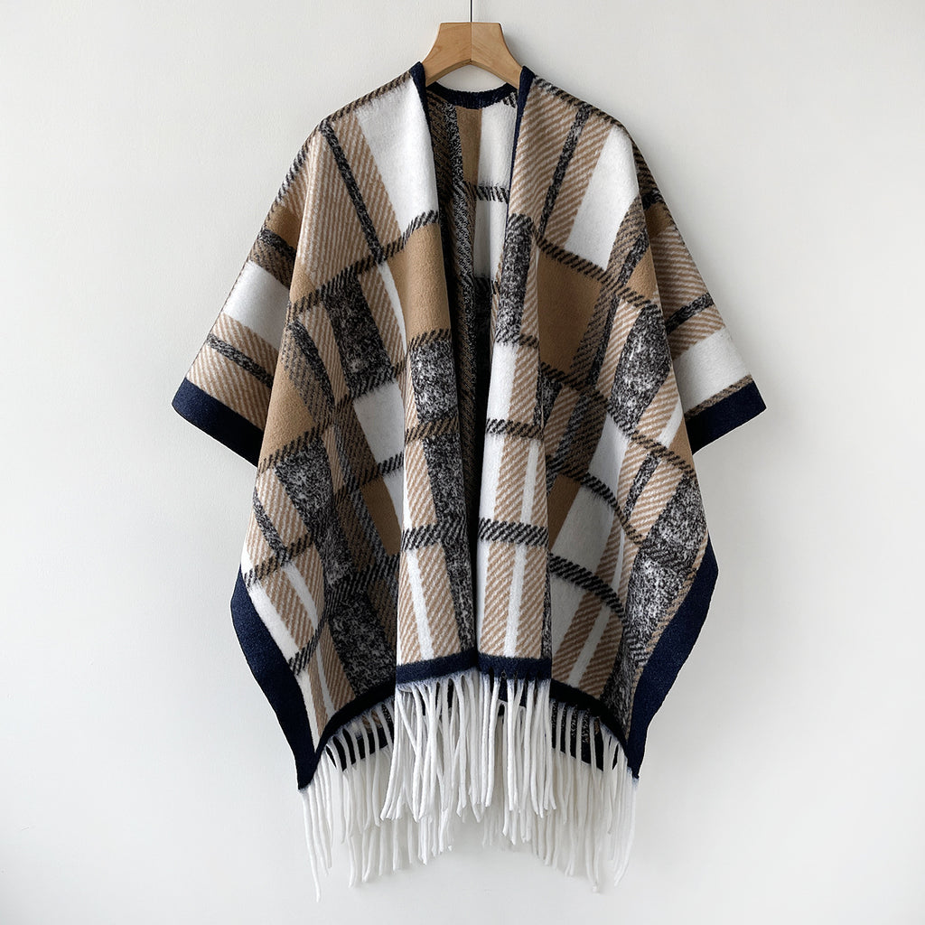 Oversized Plaid Blanket Scarf with Fringe Hem - Khaki