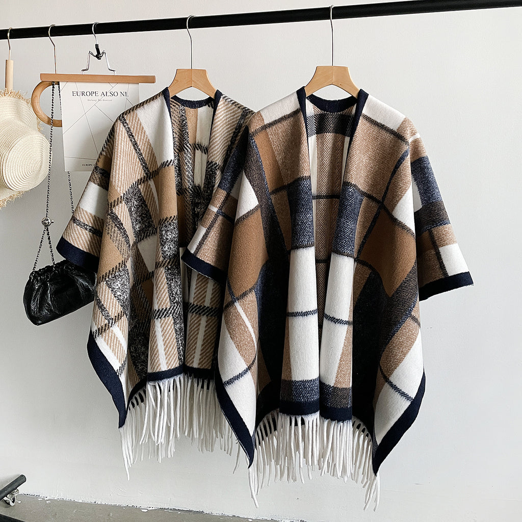 Oversized Plaid Blanket Scarf with Fringe Hem
