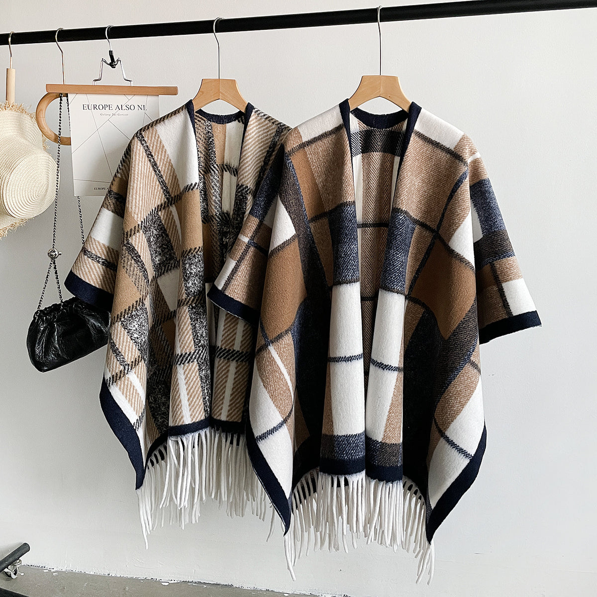 Oversized Plaid Blanket Scarf with Fringe Hem