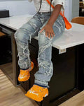 Frayed Patchwork Stacked Straight Leg Jeans - Blue