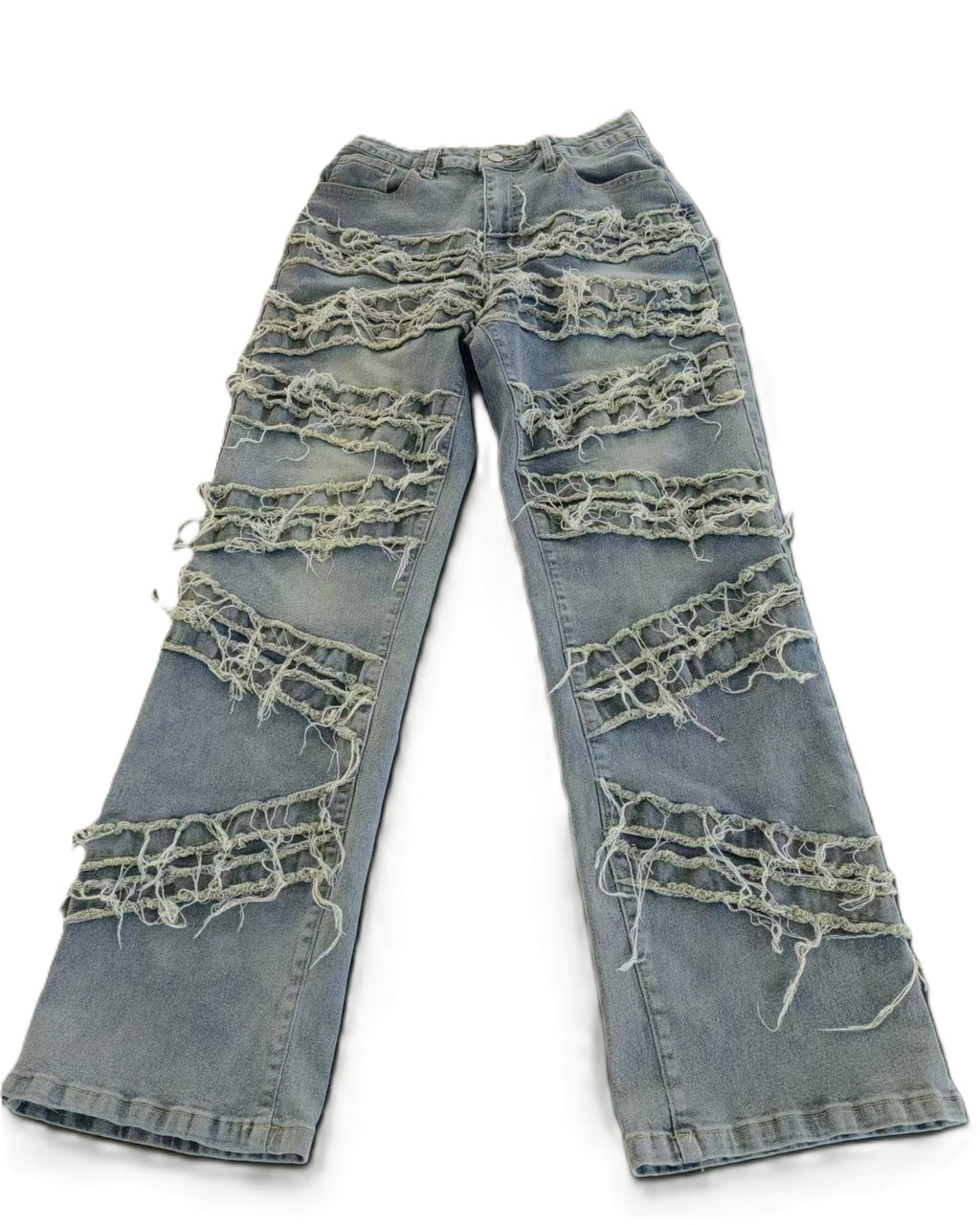 Frayed Patchwork Stacked Straight Leg Jeans - Blue - 2