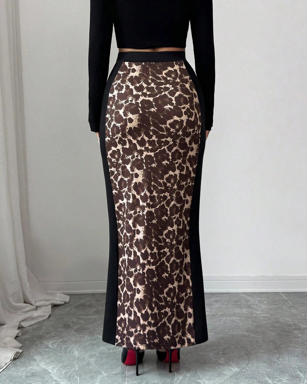 Leopard Print Side Slit Bodycon Maxi Skirt - Black - 2