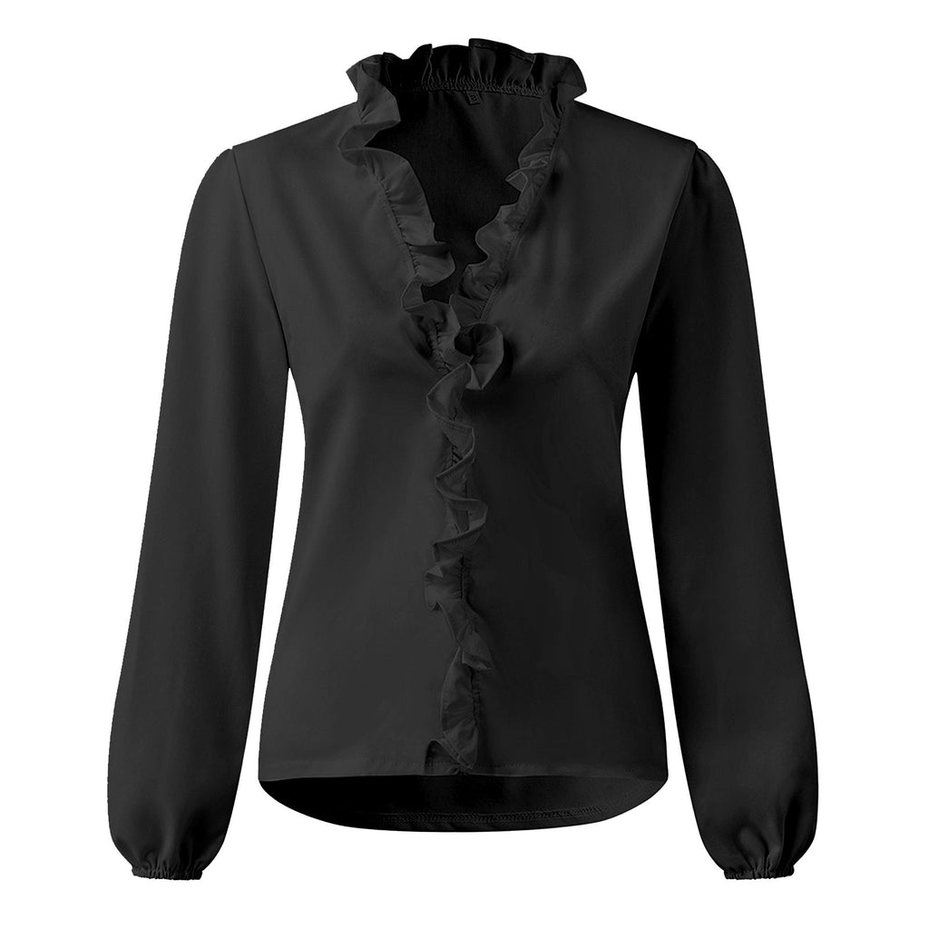Ruffle Placket Stand Collar Blouse - Black
